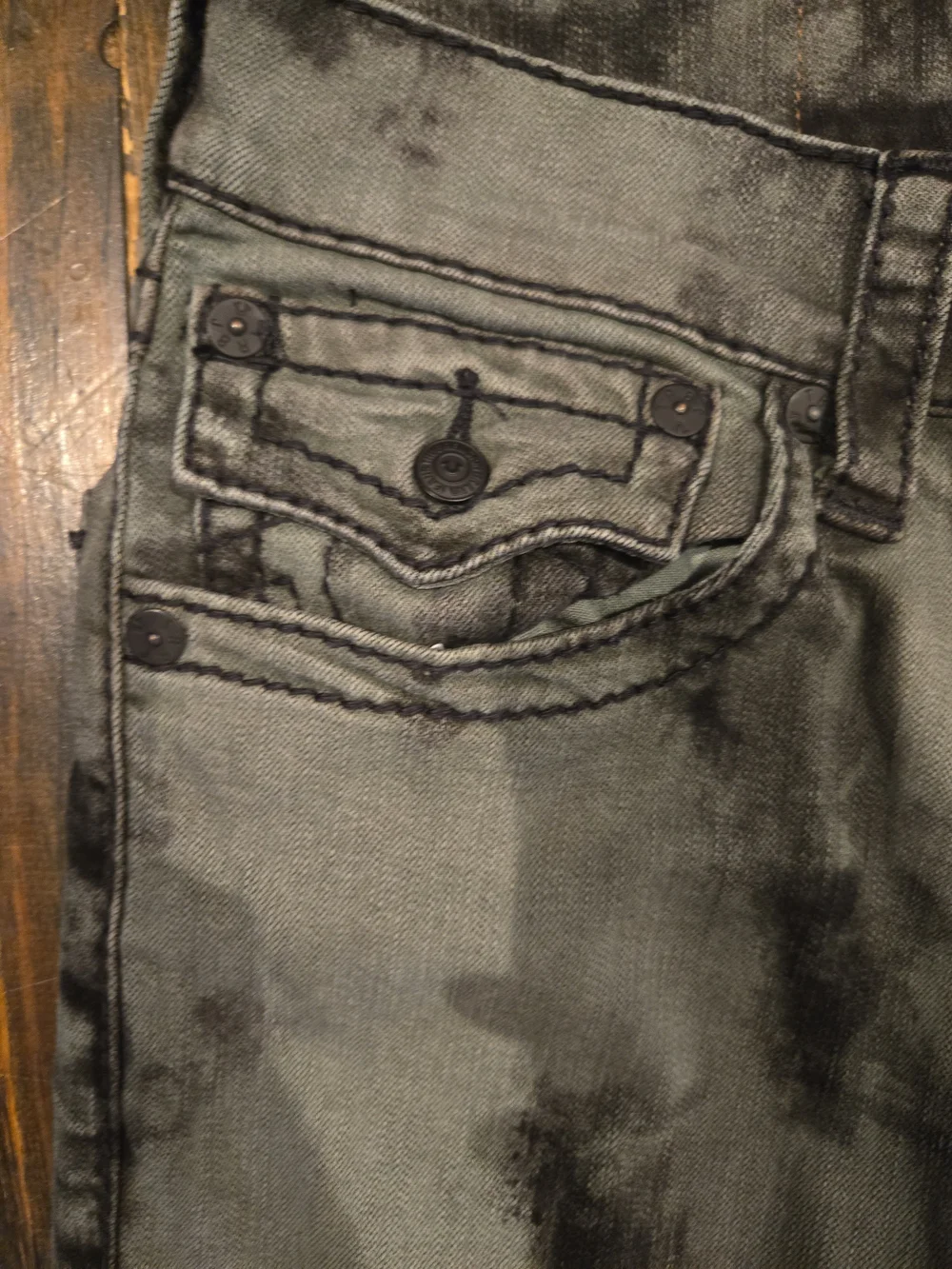 True Religion Ricky Straight Big T Jeans 34 Green Black Acid Wash Flap Pocket
